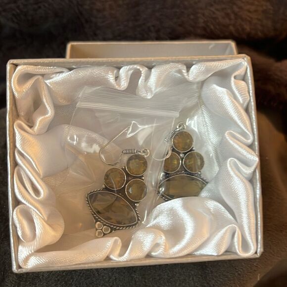 NWT NATURALSMOKY CITRINE DANGLE EARRINGS 925 STERLING SILVER 50carats. - Picture 10 of 11